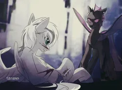 Size: 3762x2788 | Tagged: safe, artist:teturirusu, derpibooru import, oc, oc:silver edge, unofficial characters only, changeling, pegasus, pony, blood, changeling oc, commission, grey hair, grey skin, image, looking at each other, looking at someone, lying down, png, ych result