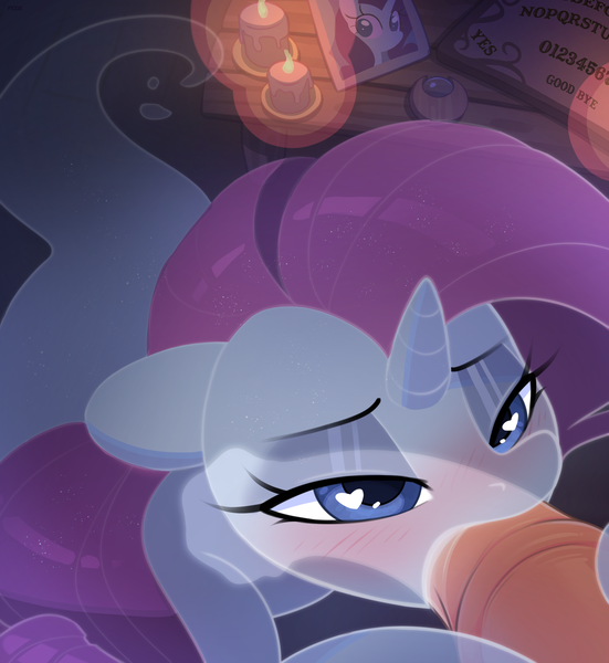 Size: 3296x3590 | Tagged: explicit, artist:nookprint, derpibooru import, rarity, ghost, ghost pony, pony, undead, unicorn, blowjob, blushing, candle, clothes, female, heart, heart eyes, high res, horsecock, image, male, mare, nudity, oral, ouija board, penis, photo, png, seance, see-through, sex, straight, wingding eyes