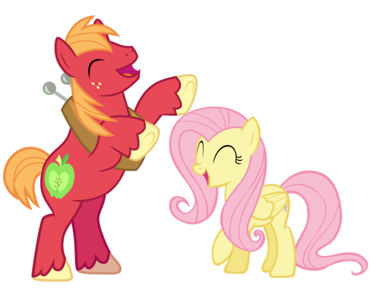 Size: 3000x2395 | Tagged: safe, artist:cloudy glow, artist:rainbowcrab, edit, big macintosh, fluttershy, earth pony, pegasus, pony, ^^, duo, eyes closed, female, fluttermac, happy, image, male, mare, png, rearing, shipping, simple background, stallion, straight, transparent background