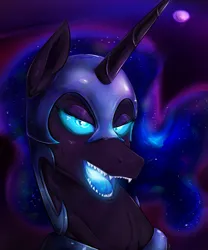Size: 1455x1752 | Tagged: safe, artist:testostepone, derpibooru import, part of a set, nightmare moon, alicorn, pony, antagonist, big ears, blue eyes, blue mane, bust, crepuscular rays, curved horn, digital art, ethereal mane, eyeshadow, fangs, feather, female, flowing mane, g4, glow, glowing eyes, glowing mouth, helmet, horn, image, lidded eyes, looking at you, makeup, mare, moonlight, night, open mouth, open smile, peytral, png, portrait, smiling, smiling at you, solo, solo female, sparkles, starry mane, starry night, stars, sternocleidomastoid, teeth, villainess, wings