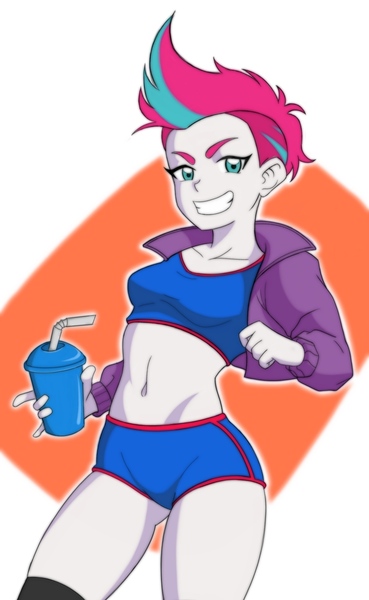 Size: 1080x1754 | Tagged: suggestive, artist:smoker, derpibooru import, zipp storm, human, equestria girls, g5, my little pony: a new generation, clothes, humanized, image, jacket, jpeg, looking at you, simple background, smiling, solo, sports bra, sports outfit, sports panties