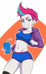 Size: 1080x1754 | Tagged: suggestive, artist:smoker, derpibooru import, zipp storm, human, equestria girls, g5, my little pony: a new generation, clothes, humanized, image, jacket, jpeg, looking at you, simple background, smiling, solo, sports bra, sports outfit, sports panties