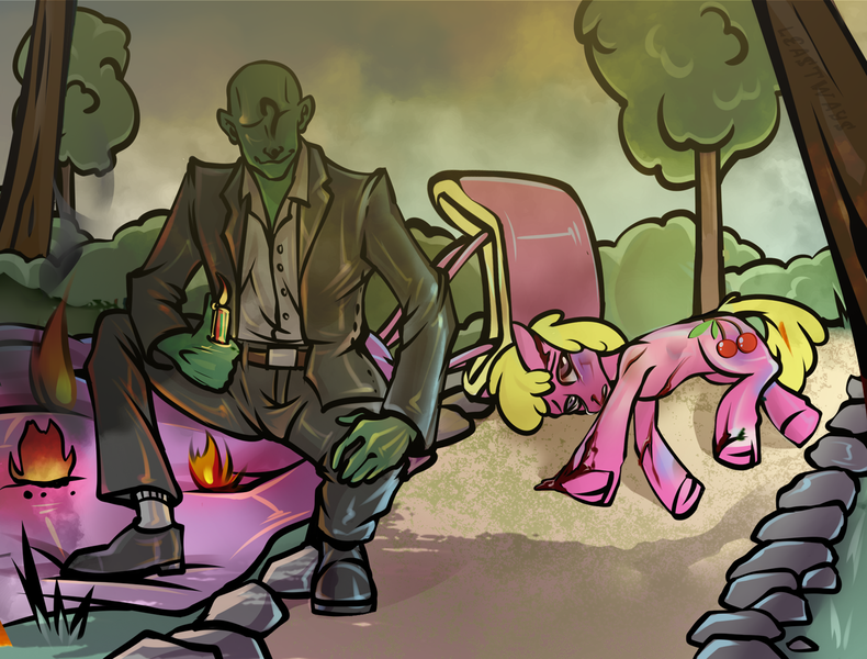Size: 1443x1096 | Tagged: semi-grimdark, artist:leastways, derpibooru import, cherry berry, oc, oc:anon, earth pony, human, pony, abuse, bald, beaten up, belt, bleeding, blood, bruised, burning, bush, button-up shirt, clothes, commission, crying, defeated, deflated, destroyed, destruction, fire, hand, holding, hooves, hot air balloon, image, lighter, necktie, pants, png, ponyville, revenge, rock, shirt, shoes, signature, sketch, smiling, smoke, smug, socks, suit, tears of pain, tree, underhoof