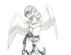 Size: 1421x1100 | Tagged: suggestive, artist:baron engel, derpibooru import, fluttershy, anthro, pegasus, belly button, belt, breasts, busty fluttershy, clothes, collar, erect nipples, female, hands behind back, image, jpeg, knee-high boots, leash, looking at you, midriff, monochrome, nipple outline, open mouth, pencil drawing, simple background, solo, spread wings, tanktop, traditional art, whip, white background, wings