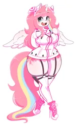 Size: 1856x2986 | Tagged: safe, artist:valcanicwitch, derpibooru import, oc, oc:nekonin, unofficial characters only, alicorn, anthro, :d, clothes, crossdressing, dress, femboy, futuristic, high heels, image, jpeg, male, open mouth, open smile, shoes, smiling, sneakers, socks, solo, stockings, thigh highs, wide hips
