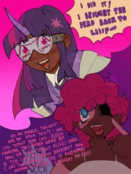 Size: 1536x2048 | Tagged: safe, artist:lawldog, derpibooru import, pinkie pie, twilight sparkle, human, undead, zombie, dark skin, duo, goggles, horn, horned humanization, humanized, image, mad scientist, missing eye, png
