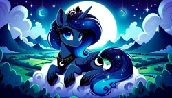 Size: 1792x1024 | Tagged: safe, derpibooru import, machine learning generated, princess luna, alicorn, pony, 16:9, ai content, cloud, cute, female, g4, generator:dall-e 3, grass, image, jewelry, looking at you, mare, moon, mountain, night, png, regalia, river, smiling, solo, stars, water