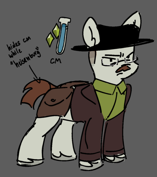 Size: 943x1064 | Tagged: safe, artist:lawldog, derpibooru import, ponified, earth pony, pony, breaking bad, facial hair, gray background, hat, image, moustache, png, simple background, solo, walter white