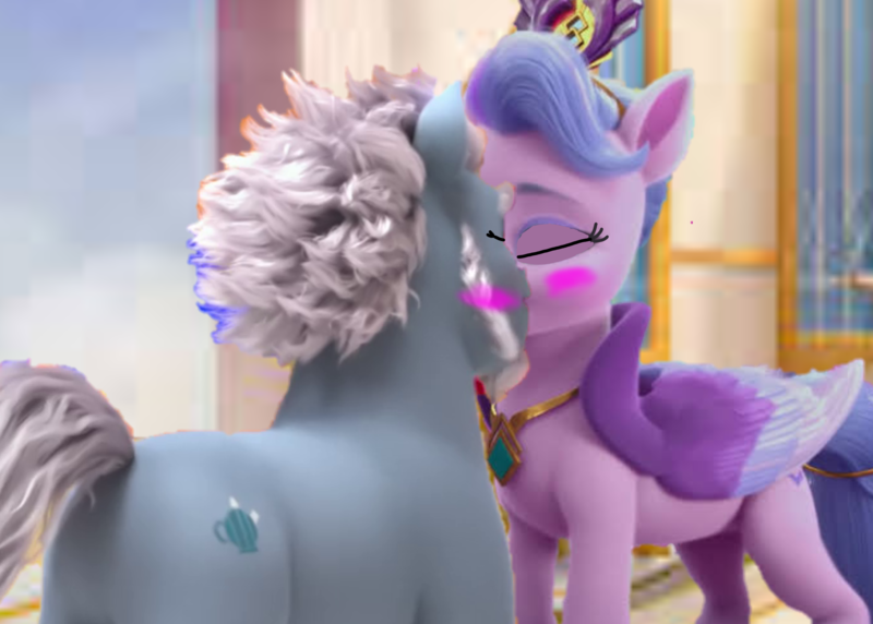 Size: 3137x2241 | Tagged: safe, artist:u66589, edit, edited screencap, screencap, pony, g5, alphahaven, crown, eyes closed, female, image, jewelry, kissing, male, mare, not again, omg, png, regalia, shipping, stallion, straight, window, zephyr heights