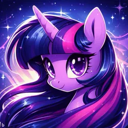 Size: 519x519 | Tagged: safe, derpibooru import, machine learning generated, twilight sparkle, pony, ai content, bing, blue background, female, generator:bing ai, glow, head only, image, jpeg, long hair, long mane, looking at you, shiny eyes, simple background, solo, space, sparkles, starry eyes, stars, watermark, wingding eyes