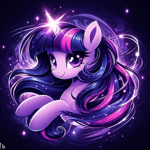 Size: 519x519 | Tagged: safe, derpibooru import, machine learning generated, twilight sparkle, pony, unicorn, ai content, bing, female, generator:bing ai, glow, glowing horn, horn, image, jpeg, long hair, long mane, looking at you, purple background, shiny eyes, shiny mane, simple background, solo, sparkles, stars, unicorn twilight, watermark