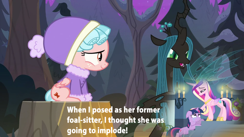 Size: 1000x563 | Tagged: safe, derpibooru import, edit, edited screencap, editor:incredibubbleirishguy, screencap, cozy glow, princess cadance, queen chrysalis, twilight sparkle, unicorn, a canterlot wedding, frenemies (episode), fake cadance, flashback, image, png, quote, text, unicorn twilight