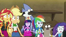 Size: 3500x1968 | Tagged: safe, ponerpics import, ponybooru import, applejack, rainbow dash, rarity, sunset shimmer, twilight sparkle, equestria girls, image, jpeg, mordecai and rigby, regular show