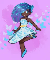 Size: 1710x2048 | Tagged: safe, artist:indigohatetrain, derpibooru import, human, g5, butterfly hairpin, clothes, commissioner:briarlight, cornrows, cute, dark skin, dress, freckles, humanized, image, jpeg, looking at you, misty brightdawn, mistybetes, raised arm, raised leg, solo