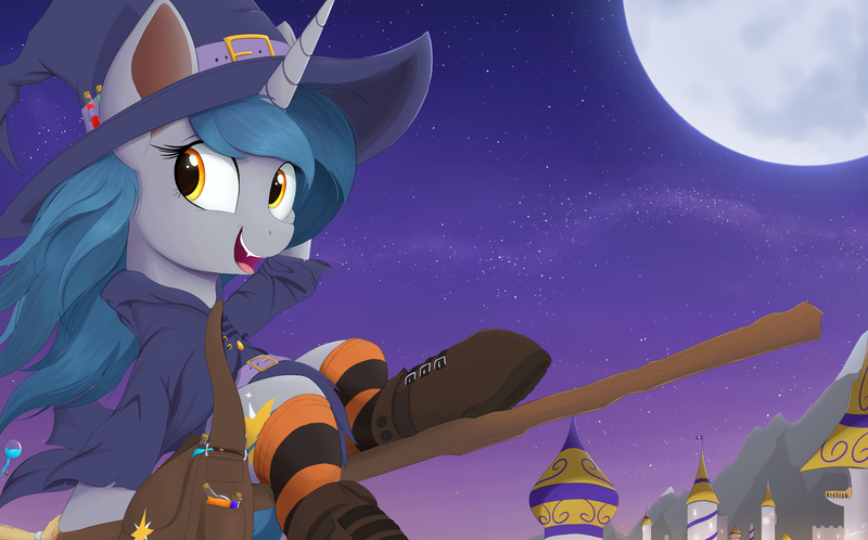 Size: 3000x1866 | Tagged: safe, artist:arcane-thunder, derpibooru import, oc, oc:arcane thunder, unofficial characters only, pony, unicorn, bag, boots, broom, canterlot, clothes, fangs, female, flying, flying broomstick, halloween, hat, holiday, image, mare, moon, night, open mouth, open smile, png, potion, rule 63, shoes, sitting, smiling, socks, solo, striped socks, vial, witch, witch hat