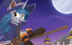 Size: 3000x1866 | Tagged: safe, artist:arcane-thunder, derpibooru import, oc, oc:arcane thunder, unofficial characters only, pony, unicorn, bag, boots, broom, canterlot, clothes, fangs, female, flying, flying broomstick, halloween, hat, holiday, image, mare, moon, night, open mouth, open smile, png, potion, rule 63, shoes, sitting, smiling, socks, solo, striped socks, vial, witch, witch hat