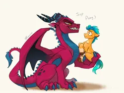 Size: 1440x1080 | Tagged: safe, artist:anoraknr, derpibooru import, hitch trailblazer, dragon, earth pony, pony, g5, claws, grin, horns, image, jpeg, lava (g5), looking at each other, looking at someone, nervous, piercing, scales, smiling, sweat, sweatdrop, teeth