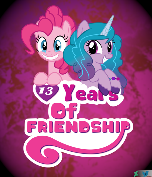 Size: 6600x7665 | Tagged: safe, artist:kuren247, derpibooru import, izzy moonbow, pinkie pie, earth pony, pony, unicorn, g5, anniversary, bracelet, female, friendship bracelet, g4, g5 to g4, generation leap, happy birthday mlp:fim, image, jewelry, logo parody, looking at you, mare, mlp fim's thirteenth anniversary, png, wallpaper