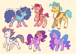 Size: 720x513 | Tagged: safe, artist:nikofergi, derpibooru import, hitch trailblazer, izzy moonbow, pipp petals, sunny starscout, zipp storm, alicorn, earth pony, pegasus, pony, unicorn, g5, alicornified, applejack (g5), cornrows, cute, fake cutie mark, fluttershy (g5), image, jpeg, looking at each other, looking at someone, mane five, mane six (g5), misty brightdawn, mistybetes, pinkie pie (g5), race swap, rainbow dash (g5), rarity (g5), redesign, simple background, twilight sparkle (g5), yellow background