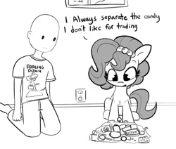 Size: 936x792 | Tagged: safe, artist:tjpones, derpibooru import, oc, oc:brownie bun, oc:richard, unofficial characters only, earth pony, human, pony, horse wife, black and white, candy, dialogue, duo, food, grayscale, image, kneeling, looking down, monochrome, png