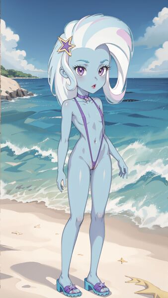 Size: 1080x1920 | Tagged: questionable, derpibooru import, machine learning generated, stable diffusion, trixie, human, equestria girls, ai content, beach, belly button, bikini, blue skin, breasts, cameltoe, choker, clothes, cloud, covered nipples, erect nipples, generator:duchaitengodofsimpv02, generator:mlptrixie-10, hairpin, image, jpeg, looking at you, nipple outline, ocean, outdoors, prompt in description, prompter:marusame, purple eyes, purple swimsuit, sand, sling bikini, solo, standing, swimsuit, water, white hair