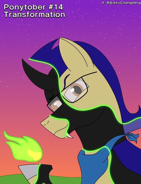 Size: 1250x1635 | Tagged: safe, artist:alejandrogmj, derpibooru import, oc, oc:alejandrogmj, changeling, pegasus, changeling oc, clothes, disguise, disguised changeling, fire, glasses, gradient background, image, looking at you, pegasus oc, png, raised hoof, scarf, transformation, wings