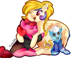 Size: 640x480 | Tagged: safe, artist:funky_furs, derpibooru import, idw, golden feather, princess celestia, scarlet petal, winter comet, earth pony, pegasus, pony, spoiler:comic, spoiler:comic65, braid, eyes closed, female, foal, g4, hug, image, looking at you, mare, one eye closed, open mouth, open smile, png, signature, simple background, sitting, smiling, trio, white background, winghug, wings