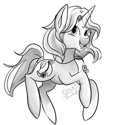 Size: 900x900 | Tagged: safe, artist:funky_furs, derpibooru import, oc, oc:dream catcher, unofficial characters only, pony, unicorn, dreamcatcher, female, grayscale, horn, image, looking at you, mare, monochrome, open mouth, open smile, png, signature, simple background, smiling, solo, tail, unicorn oc, white background