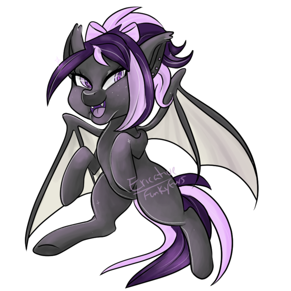 Size: 900x900 | Tagged: safe, artist:funky_furs, derpibooru import, oc, oc:nightwalker, unofficial characters only, bat pony, bat pony oc, bat wings, bow, ear piercing, fangs, female, hair bow, image, looking at you, open mouth, open smile, piercing, png, signature, simple background, smiling, solo, spread wings, transparent background, wings