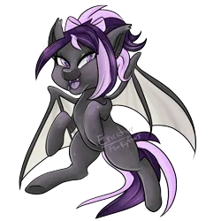 Size: 900x900 | Tagged: safe, artist:funky_furs, derpibooru import, oc, oc:nightwalker, unofficial characters only, bat pony, bat pony oc, bat wings, bow, ear piercing, fangs, female, hair bow, image, looking at you, open mouth, open smile, piercing, png, signature, simple background, smiling, solo, spread wings, transparent background, wings