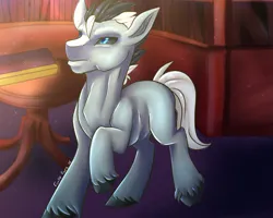 Size: 1280x1024 | Tagged: safe, artist:funky_furs, derpibooru import, oc, oc:eerie gloom, unofficial characters only, earth pony, pony, 2018, black sclera, image, male, png, raised hoof, signature, solo, sparkles, stallion, table, tail, unshorn fetlocks