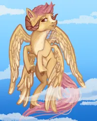 Size: 1200x1500 | Tagged: safe, artist:funky_furs, derpibooru import, oc, unofficial characters only, original species, 2020, 4 wings, cloud, flying, horns, image, lidded eyes, looking at you, png, ponysona, signature, smiling, solo, tail, unshorn fetlocks, wings