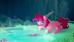 Size: 3840x2160 | Tagged: safe, artist:naafreelanceartist, derpibooru import, pinkie pie, earth pony, pony, cave, cave pool, commission, eyebrows, female, g4, grass, high res, image, jpeg, lying down, mare, mirror pool, open mouth, prone, signature, solo, water