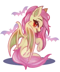 Size: 1500x1800 | Tagged: safe, artist:funky_furs, derpibooru import, fluttershy, bat, bat pony, pony, bat ponified, fangs, female, flutterbat, g4, image, lidded eyes, looking at you, looking back, looking back at you, mare, png, race swap, raised hoof, rear view, signature, simple background, sitting, smiling, solo, spread wings, tail, transparent background, underhoof, wings