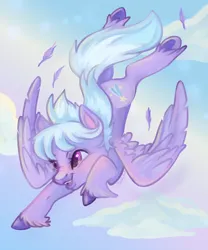 Size: 1500x1800 | Tagged: safe, artist:funky_furs, derpibooru import, cloudchaser, pegasus, pony, cloud, feather, female, flying, g4, image, mare, open mouth, open smile, png, signature, sky, smiling, solo, spread wings, underhoof, unshorn fetlocks, wings