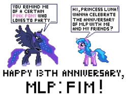 Size: 985x780 | Tagged: safe, artist:blueyoshi, derpibooru import, izzy moonbow, princess luna, alicorn, pony, unicorn, g5, anniversary, aseprite, duo, happy birthday mlp:fim, image, looking at each other, looking at someone, mlp fim's thirteenth anniversary, pixel art, png