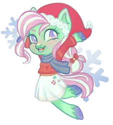 Size: 1800x2000 | Tagged: safe, artist:funky_furs, derpibooru import, minty, earth pony, semi-anthro, g3, christmas, clothes, cutie mark, cutie mark on clothes, dress, hat, heart, heart mark, holiday, image, open mouth, open smile, png, raised hoof, raised hooves, santa hat, scarf, simple background, smiling, snow, snowflake, solo, tail, transparent background, unshorn fetlocks