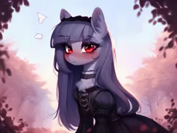 Size: 1024x768 | Tagged: safe, derpibooru import, machine learning generated, stable diffusion, oc, oc:cosmia nebula, unofficial characters only, pony, ai content, black dress, blushing, choker, clothes, dress, female, generator:pony diffusion v5, goth, image, png, solo