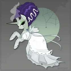 Size: 2360x2360 | Tagged: safe, artist:syrupyyy, derpibooru import, rarity, pony, spider, unicorn, bride of frankenstein, clothes, dress, female, frankenstein, gradient background, image, jpeg, lidded eyes, looking at you, mare, rearing, smiling, smiling at you, solo, wedding dress, wedding veil