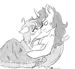 Size: 2674x2482 | Tagged: safe, artist:juniverse, derpibooru import, oc, oc:locura, oc:valentine heartscar, bat pony, unicorn, bat pony oc, bat wings, commission, couple, cuddling, gay, grayscale, horn, image, in love, male, monochrome, oc x oc, png, shipping, simple background, sketch, unicorn oc, white background, wings