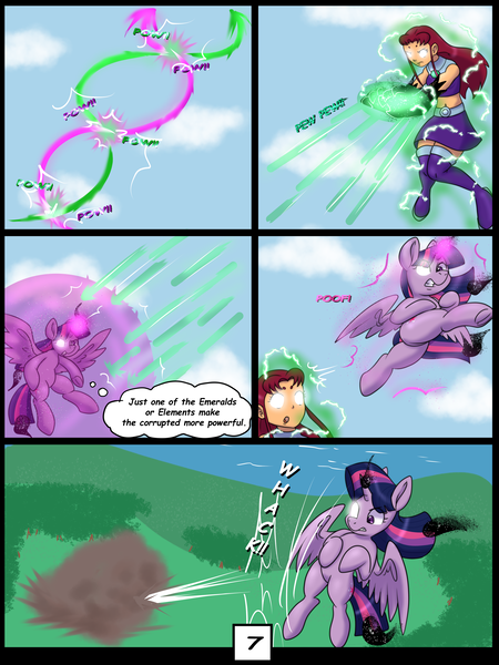 Size: 6000x8000 | Tagged: safe, artist:chedx, derpibooru import, twilight sparkle, twilight sparkle (alicorn), alicorn, comic:learning with pibby glitch battles, comic, commission, community related, corrupted, crossover, dc comics, fight, image, laser, multiverse, png, starfire, teen titans, teleportation