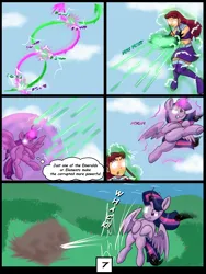 Size: 6000x8000 | Tagged: safe, artist:chedx, derpibooru import, twilight sparkle, twilight sparkle (alicorn), alicorn, comic:learning with pibby glitch battles, comic, commission, community related, corrupted, crossover, dc comics, fight, image, laser, multiverse, png, starfire, teen titans, teleportation