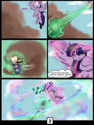 Size: 6000x8000 | Tagged: safe, artist:chedx, derpibooru import, twilight sparkle, twilight sparkle (alicorn), alicorn, comic:learning with pibby glitch battles, comic, commission, community related, corrupted, crossover, dc comics, explosion, fight, image, multiverse, png, starfire, teen titans