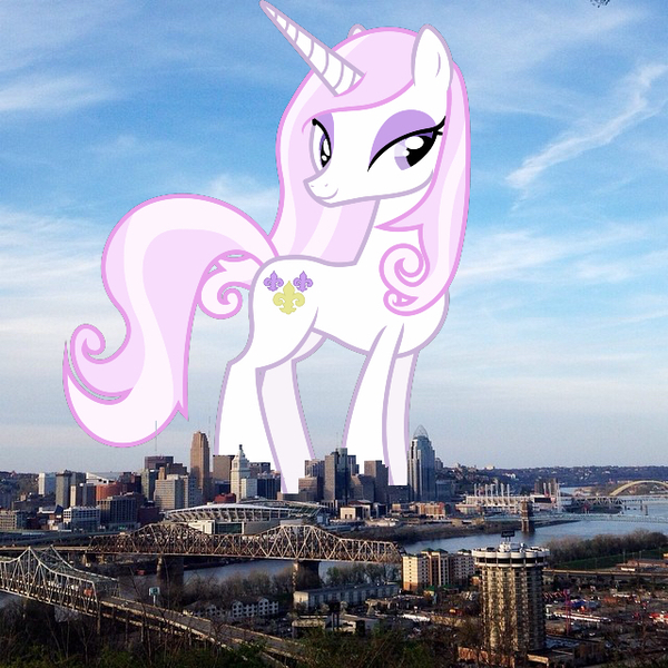 Size: 640x640 | Tagged: safe, artist:90sigma, derpibooru import, edit, editor:jaredking779, fleur-de-lis, pony, unicorn, cincinnati, eyeshadow, female, giant pony, giantess, highrise ponies, image, irl, jpeg, looking at you, macro, makeup, mare, ohio, photo, ponies in real life, smiling, solo, story included