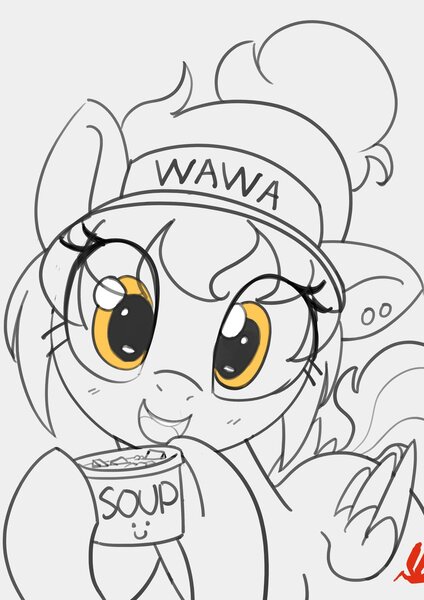 Size: 848x1200 | Tagged: safe, artist:pabbley, derpibooru import, oc, oc:wah wah, unofficial characters only, pegasus, pony, eye clipping through hair, female, food, gray background, grayscale, hoof hold, image, jpeg, looking at you, mare, monochrome, open mouth, open smile, partial color, simple background, smiling, smiling at you, solo, soup, wawa