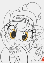 Size: 848x1200 | Tagged: safe, artist:pabbley, derpibooru import, oc, oc:wah wah, unofficial characters only, pegasus, pony, eye clipping through hair, female, food, gray background, grayscale, hoof hold, image, jpeg, looking at you, mare, monochrome, open mouth, open smile, partial color, simple background, smiling, smiling at you, solo, soup, wawa