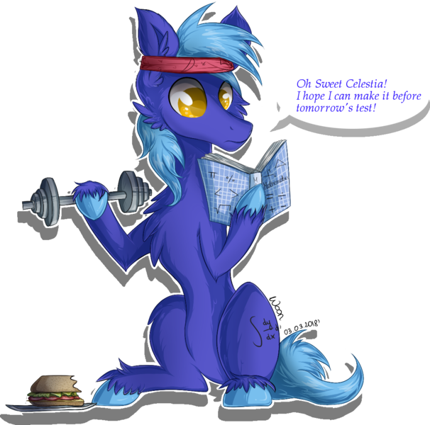 Size: 1146x1135 | Tagged: safe, derpibooru import, oc, oc:dayandey, earth pony, pony, dumbbell (object), food, image, png, reading, reupload, sandwich, solo, sweatband, workout