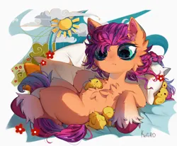 Size: 4463x3669 | Tagged: safe, artist:kefirro7, derpibooru import, sunny starscout, earth pony, pony, g5, animal, braid, cheek fluff, chest fluff, digital art, ear fluff, female, full body, image, lies, mare, pillow, png, simple background, unshorn fetlocks