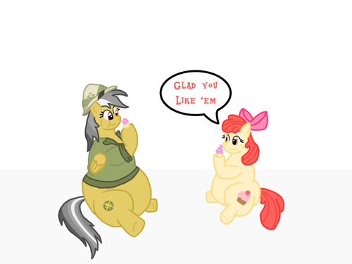 Size: 500x375 | Tagged: suggestive, artist:1992zepeda, derpibooru import, apple bloom, daring do, earth pony, pegasus, pony, series:ask chubby apple bloom [cupcake eating pony], series:the adventures of chubby daring do, alternate cutie mark, apple blob, butt, chubby, chubby cheeks, clothes, crossover, cupcake, daring dollop, duo, duo female, eating, fat, female, food, helmet, image, large butt, obese, png, shirt, simple background, sitting, speech bubble, tumblr crossover, white background, word bubble