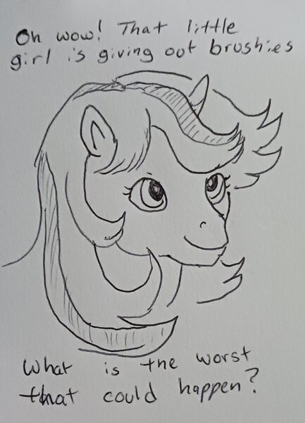 Size: 1509x2089 | Tagged: safe, artist:pony quarantine, derpibooru import, pony, unicorn, g1, bust, dialogue, female, grayscale, image, jpeg, looking up, mare, monochrome, smiling, solo, traditional art